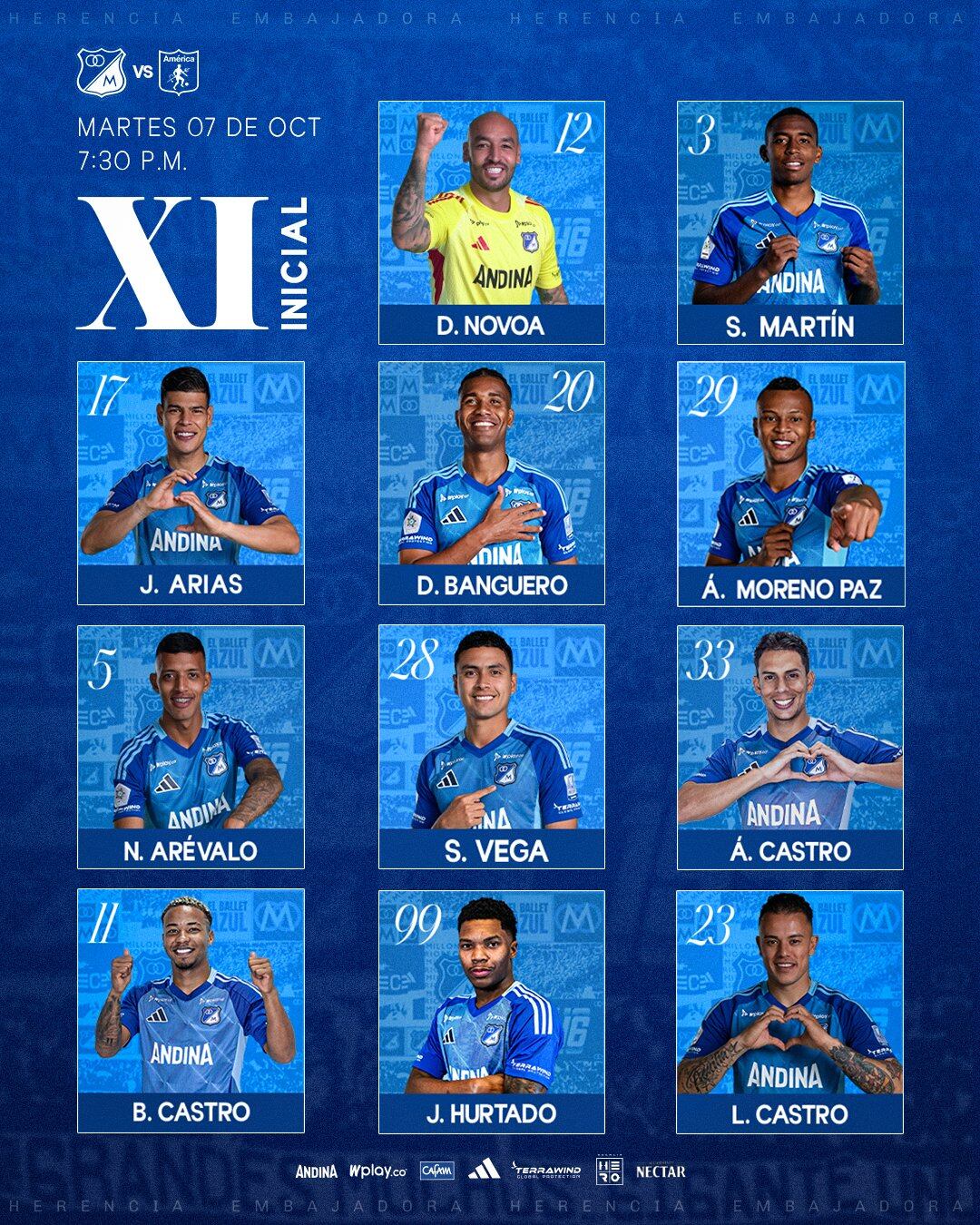 Alineación titular de Millonarios para recibir al América de Cali por la Liga Betplay 2025/II - crédito @MillosFCoficial/X