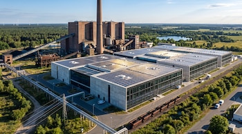 Vista aérea de edificios modernos con paneles solares junto a una estructura industrial antigua de ladrillo con chimenea y vegetación.