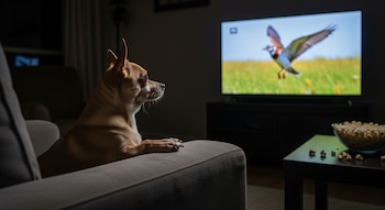 Un perro pequeño de color canela sentado en un sofá gris oscuro, mirando atentamente un televisor que muestra un pájaro volando sobre un campo verde. Palomitas en la mesa.