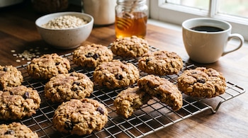 Masitas de avena sobre una rejilla metálica, un tazón con avena, un frasco con miel y batidor de madera, y una taza de café negro.