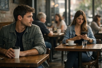 Un hombre y una mujer jóvenes, ambos con chaqueta vaquera, sentados en mesas de madera en una cafetería. El hombre tiene un café, la mujer mira su teléfono.