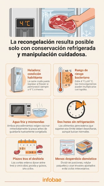 Infografía con una mano guardando carne en una heladera y seis recuadros ilustrados sobre conservación y descongelación de alimentos.