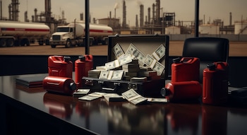Maleta abierta con dólares, varios bidones de combustible rojos en un escritorio, una silla de oficina y, al fondo, una planta industrial con camiones.