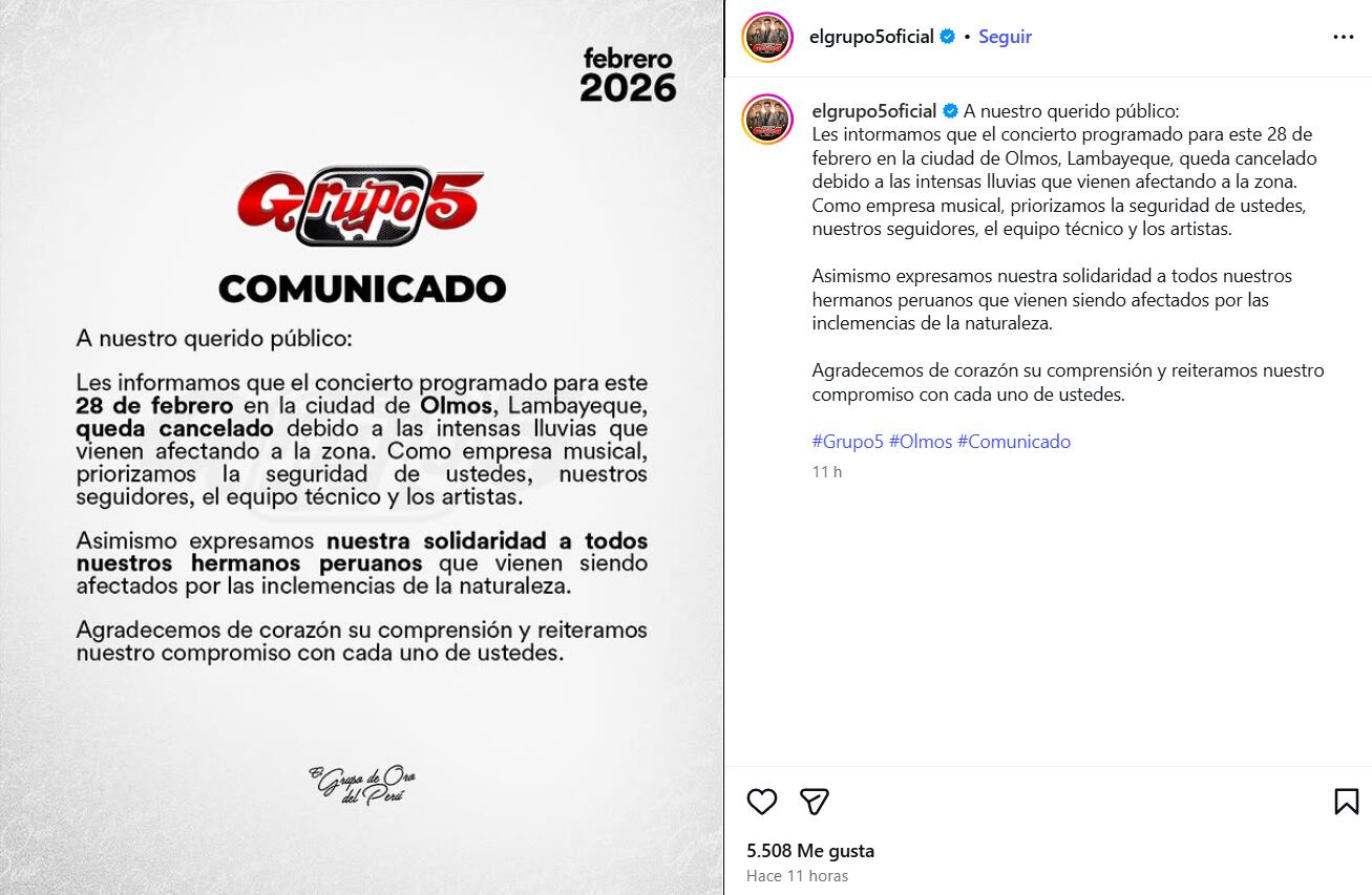 La agrupación de cumbia expresó su solidaridad con las familias afectadas por las lluvias y agradeció la comprensión de sus seguidores. (Captura Instagram Grupo 5)