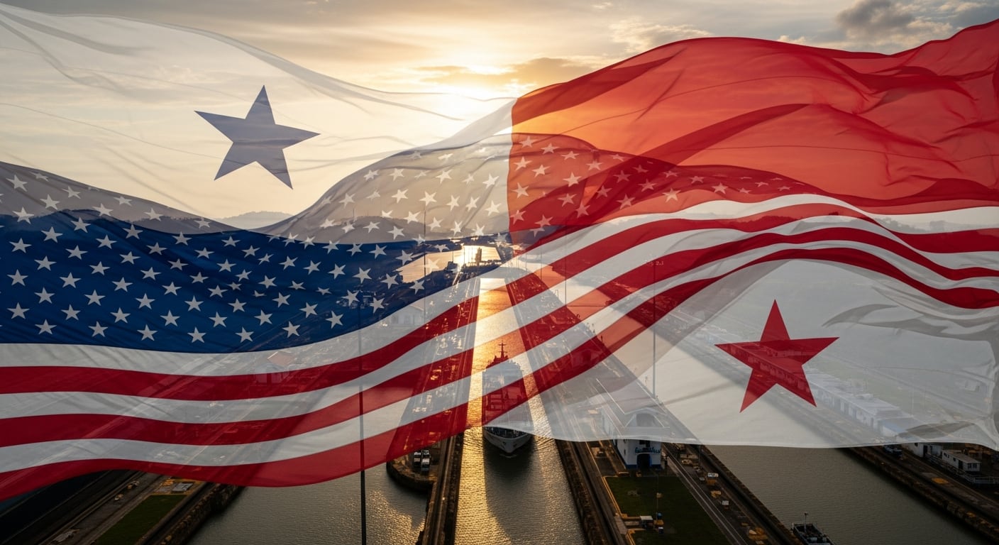 Las banderas de Panamá y Estados Unidos se superponen visualmente sobre el Canal de Panamá al atardecer, señalando la relación entre ambos países y la vía interoceánica. (Imagen Ilustrativa Infobae)