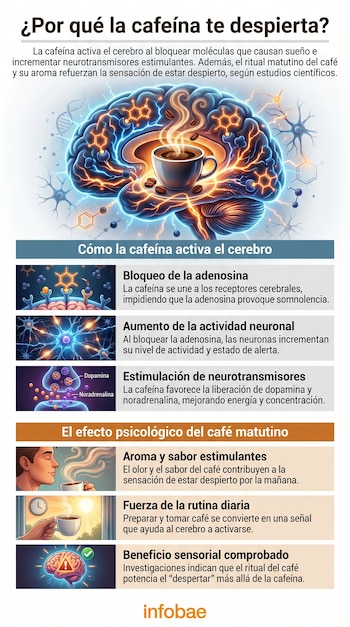 Infografía ilustra cómo la cafeína activa el cerebro con imágenes de neuronas, moléculas de cafeína y neurotransmisores, junto a un hombre bebiendo café.