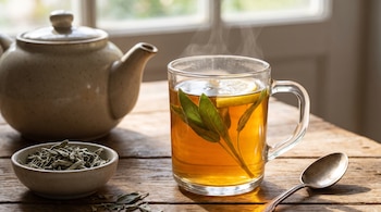 Una taza de vidrio con infusión humeante de salvia y limón, junto a una tetera, un cuenco con salvia seca y una cuchara sobre una mesa de madera.