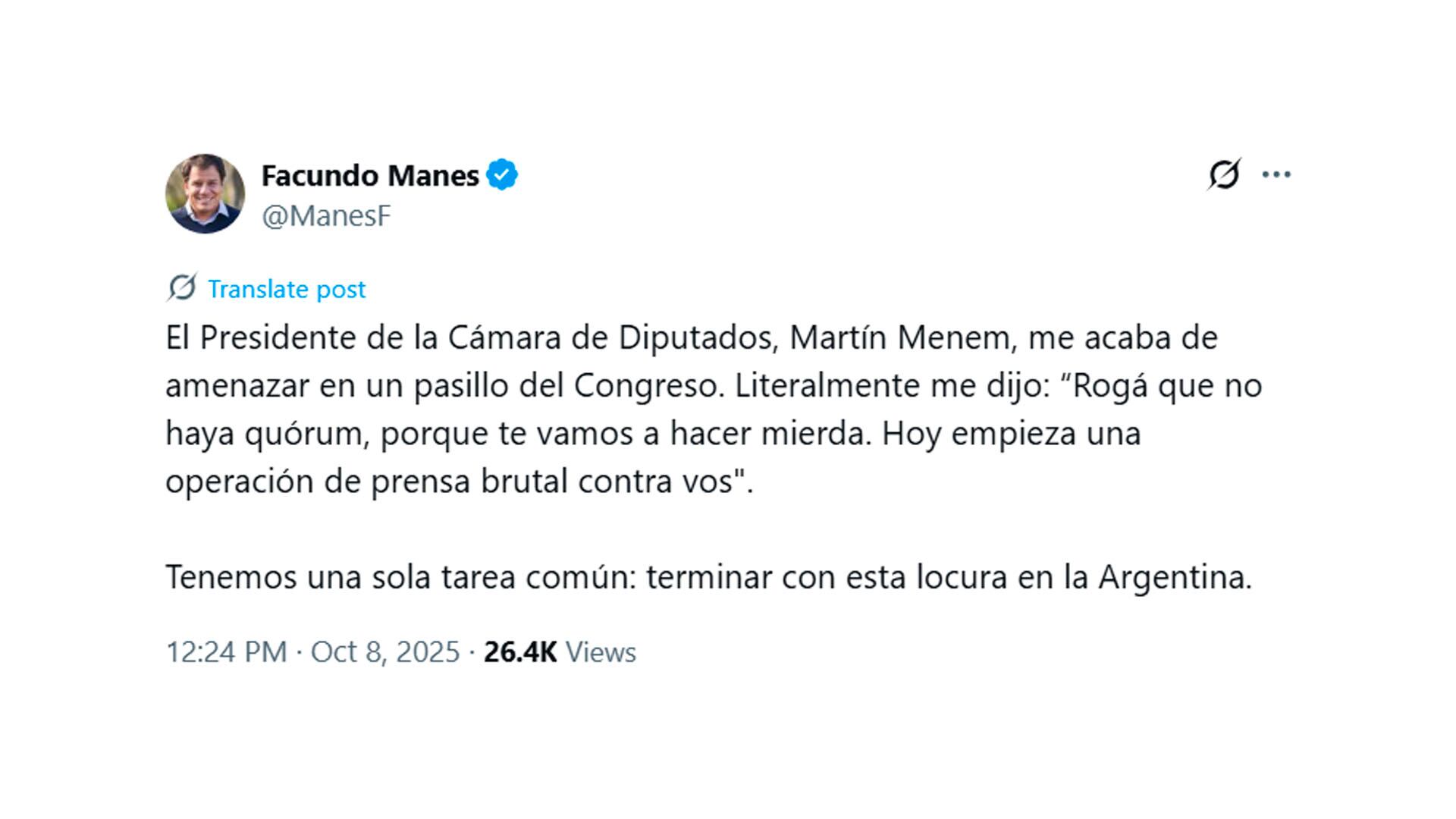 Facundo Manes denunció a Martín Menem por amenazas.