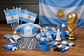 Bandera grande de Argentina, varias banderas pequeñas, gorro, collar de plumas, collares de cuentas, pulseras, cornetas, aplaudidores, pinturas faciales y trofeo del Mundial.