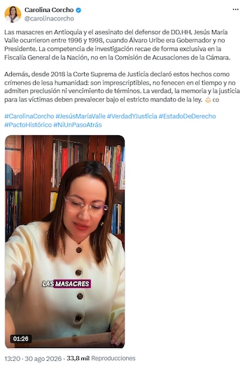 Comisión de Acusaciones no tiene competencia sobre Uribe, sostiene Corcho - crédito @carolinacorcho/X