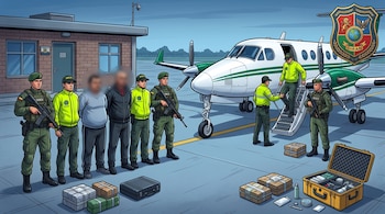 Ilustración de agentes policiales junto a dos detenidos, paquetes incautados en el suelo y una avioneta en una pista de aterrizaje.