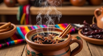 Primer plano de una taza de café de olla en jarrito de barro con vapor, rajas de canela y estrellas de anís. Fondo rústico con textiles coloridos.