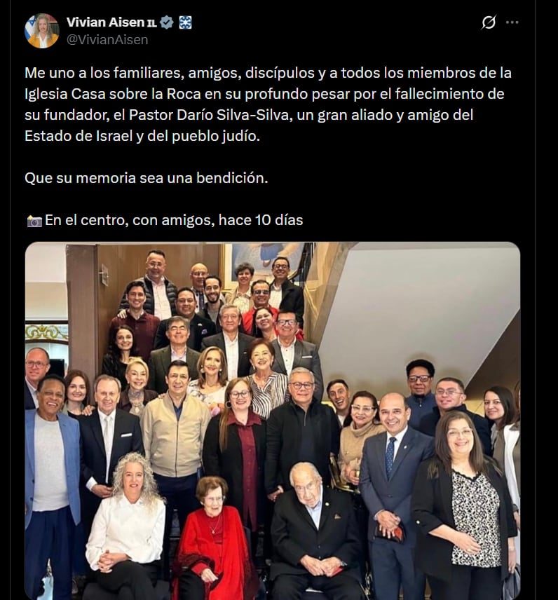 La embajadora de Israel en Colombia, Vivian Aisen, aseguró que se suma al “profundo pesar” por la muerte de Darío Silva-Silva - crédito @VivianAisen/X