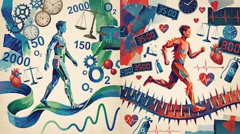 Ilustración conceptual con dos figuras masculinas: una camina sobre una cinta ondulada y otra corre en una banda con púas, rodeadas de relojes, balanzas y símbolos de salud.