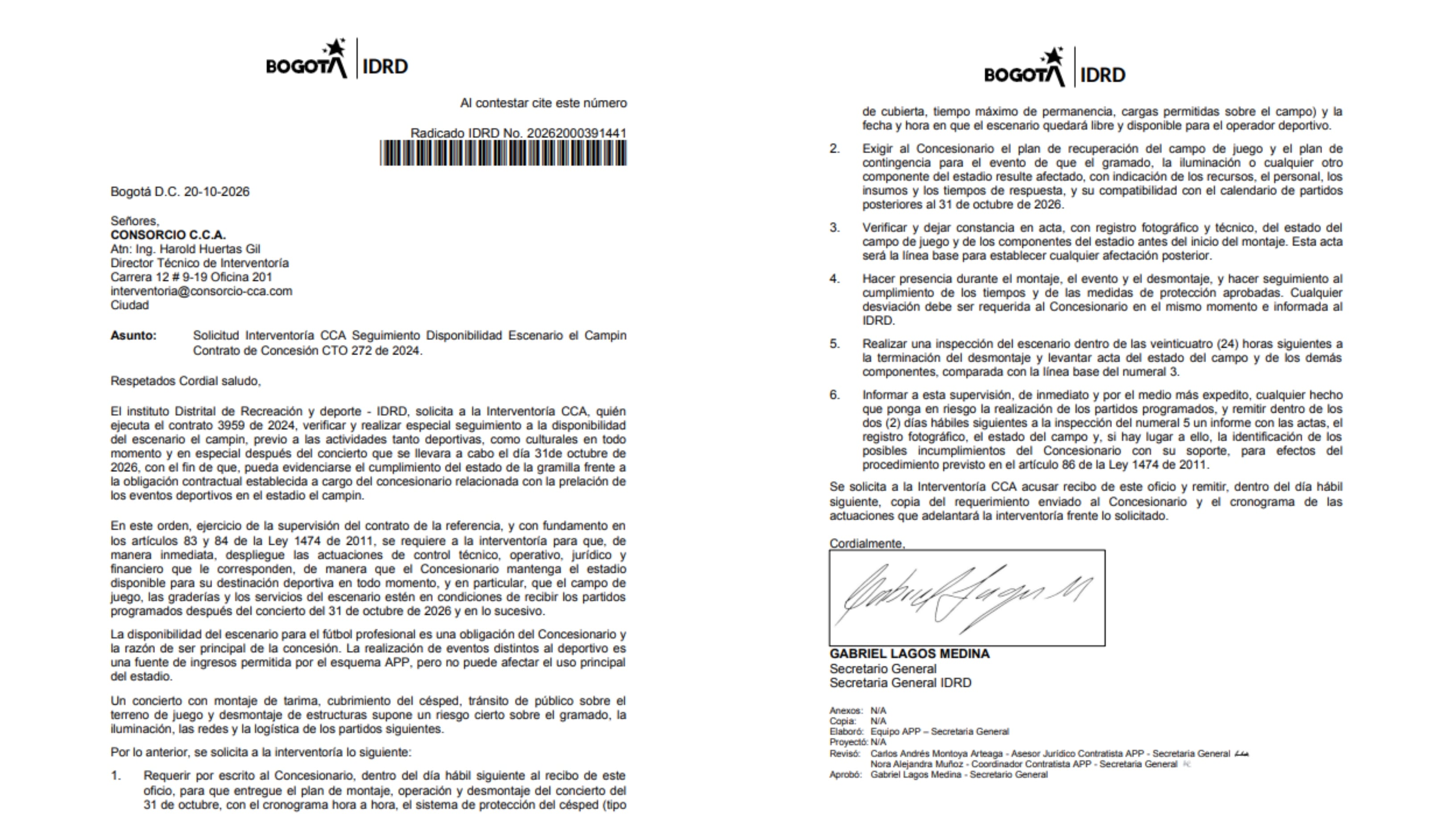 Este es el documento del Idrd para el seguimiento a las medidas de Sencia por el concierto de Ryan Castro, para proteger la cancha - crédito Idrd