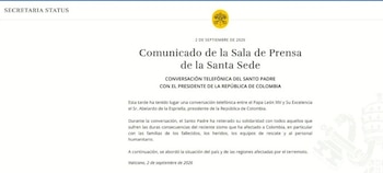 El papa León XIV mantuvo este miercoles 2 de septiembre de 2026 una conversación telefónica con el presidente de Colombia Abelardo de la Espriella, en la que, según un comunicado de la Oficina de Prensa de la Santa Sede, el Pontífice expresó su cercanía por las consecuencias del reciente terremoto que afectó al país - crédito Santa Sede