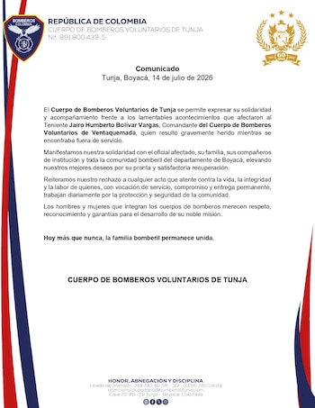 El Cuerpo de Bomberos Voluntarios de Tunja expresó su solidaridad con Jairo Humberto Bolívar Vargas y rechazó cualquier acto que atente contra la vida e integridad de los organismos de socorro. - crédito Bomberos Voluntarios de Tunja
