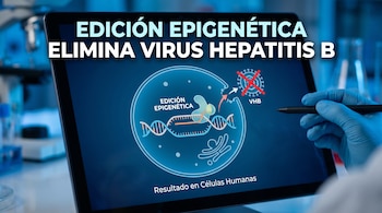 Una pantalla muestra una ilustración celular con el texto Edición epigenética elimina virus hepatitis B y una mano con guante azul.