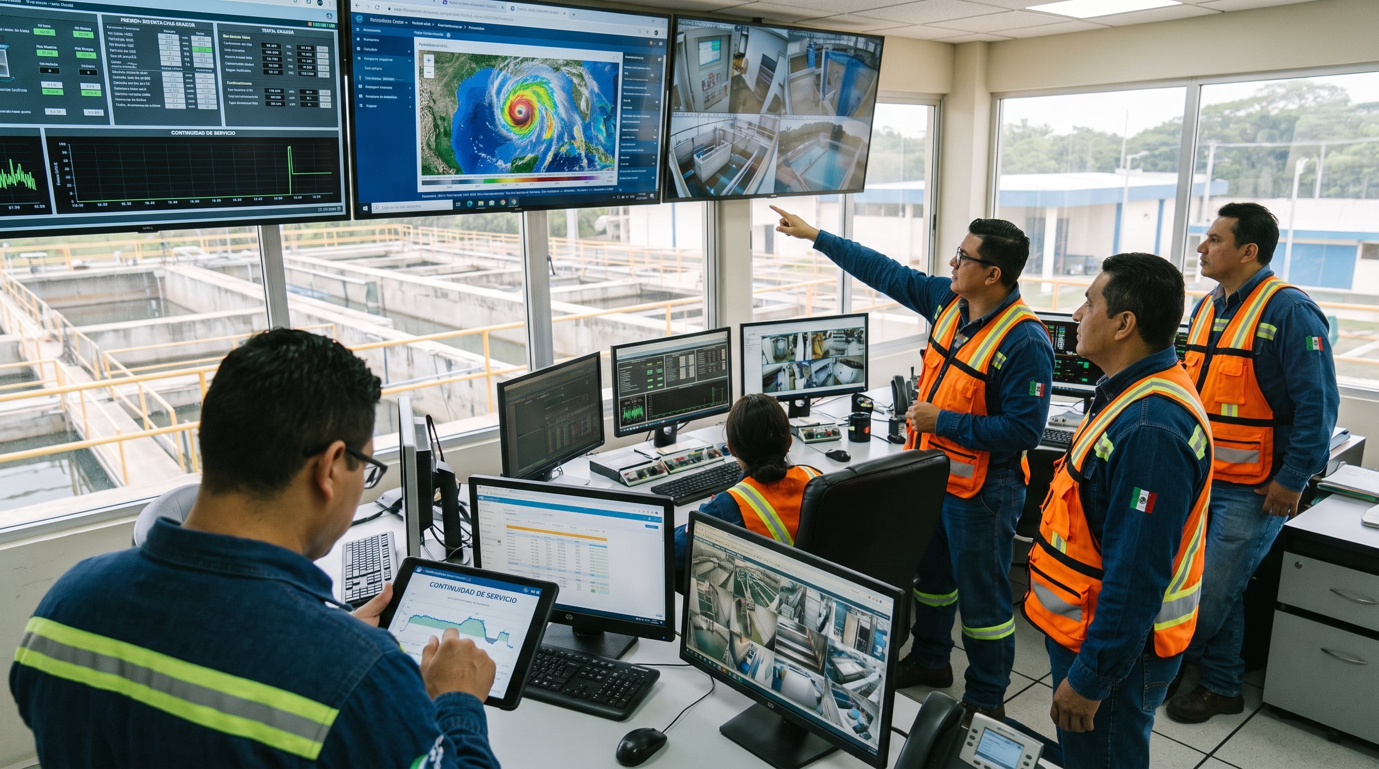 Personal técnico supervisa los sistemas de servicio de saneamiento en un centro de control con pantallas que muestran datos operativos y un mapa del Fenómeno El Niño para la preparación en Perú. (Imagen Ilustrativa Infobae)