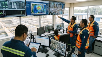 Personal en uniforme y chalecos supervisa monitores con gráficos de datos, mapa de huracán y cámaras de seguridad en un centro de control de planta de agua
