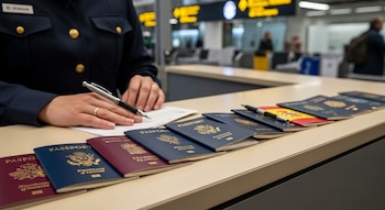 Persona con uniforme y manos escribiendo con pluma en papel, frente a una fila de pasaportes de Estados Unidos, España, Francia, Austria y Letonia sobre un mostrador.