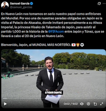 La autoridad estatal acudió al Palacio de Akasaka, en Tokio, para hacer extensiva la solicitud a la integrante de la familia imperial japonesa, en el contexto del próximo Mundial 2026 a celebrarse en territorio mexicano. (Captura de pantalla-X)