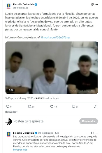 Luego de robarlo y asesinarlo, tres de los cinco detenidos se encargaron de desmembrar el cuerpo - crédito @FiscaliaCol/X