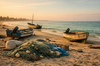 Tres botes de pesca con motores fuera de borda varados en una playa de arena clara, redes de pesca apiladas en primer plano y el mar azul al fondo con cielo naranja.