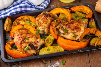 Pollo asado con calabaza y