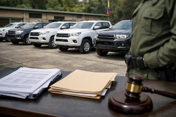 En primer plano, un mazo de juez, documentos y carpetas sobre una mesa; al fondo, un agente de policía y varias camionetas 4x4 alineadas en una base policial.