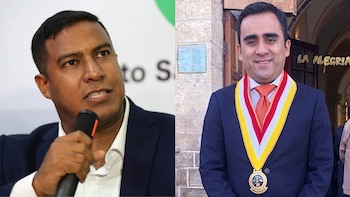 Fotografía dividida de Marlon Aguirre al hablar ante un micrófono y de Ernesto Zunini con traje formal y medalla al cuello
