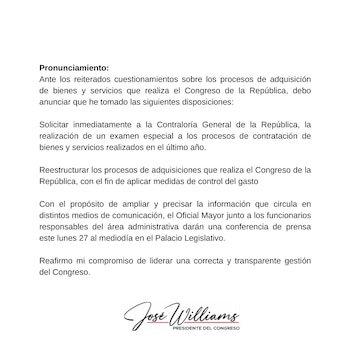 Pronunciamiento del titular del Congreso.