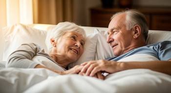Primer plano de una pareja de ancianos, hombre y mujer, acostados en la cama bajo sábanas blancas, mirándose y sonriendo bajo luz cálida.