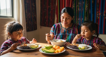 Una madre y dos niñas guatemaltecas, con trajes tradicionales, comen en una mesa de madera. Sus platos incluyen arroz, frijoles, pollo frito y aguacate.