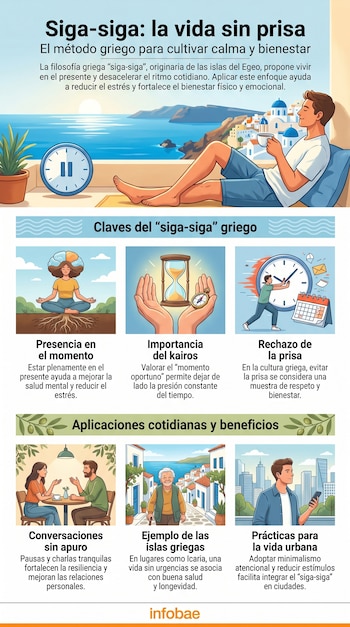 Infografía sobre la filosofía griega 'siga-siga' mostrando escenas de relajación, meditación, manejo del tiempo y vida comunitaria en islas y ciudades.
