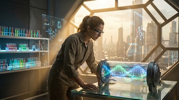 Científica en un laboratorio futurista inclinada sobre un tubo cilíndrico con una molécula de ADN brillante. Pantallas holográficas y tubos de ensayo visibles.