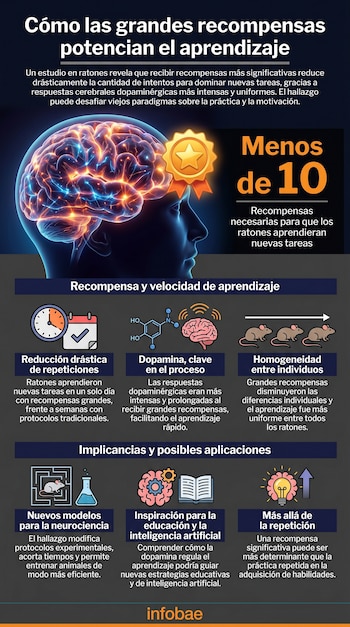 Um infográfico de cérebros brilhantes e recompensas douradas, com texto e seis imagens ilustrando a conexão entre recompensas e aprendizagem.