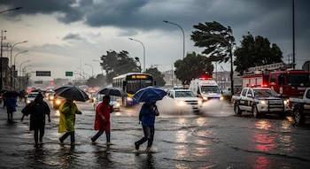 Calle urbana inundada con personas bajo paraguas e impermeables, varios vehículos particulares y de emergencia circulan bajo lluvia intensa con viento.