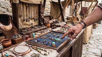 Una mano con anillos señala un colgante sobre una bandeja con joyas de metal y piedras en un puesto de madera al aire libre.