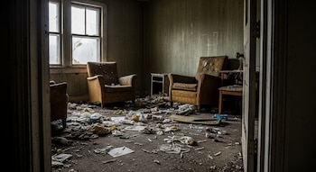 Sala de vivienda con dos sillones, una mesa auxiliar, una ventana con cristales rotos y una puerta. El suelo está cubierto de residuos y agujas hipodérmicas.