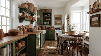 Cocina con gabinetes verdes, encimeras de madera, estantes, vajilla de barro, cestas, lavabo, estufa, alfombra, mesa de comedor, sillas, banco y ventanas.