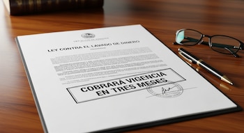 Documento titulado 'LEY CONTRA EL LAVADO DE DINERO' sobre un escritorio de madera, destacando 'COBRARÁ VIGENCIA EN TRES MESES', junto a un bolígrafo y gafas.