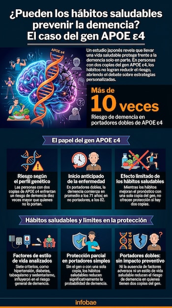 Infografía: Un cerebro conectado a una cadena de ADN (APOE ε4) con iconos de personas saludables y ancianos. Detalles sobre el riesgo genético de demencia.