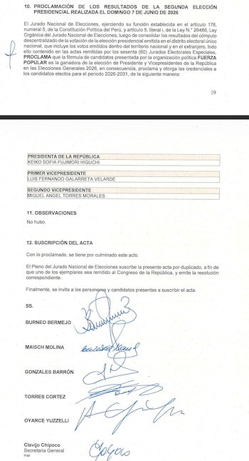 El Jurado Nacional de Elecciones de Perú proclama a Keiko Fujimori presidenta de la República para el período 2026-2031.