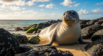 Foca monje hawaiana en la arena de una playa rocosa. Al fondo, el océano y el cielo azul con nubes.