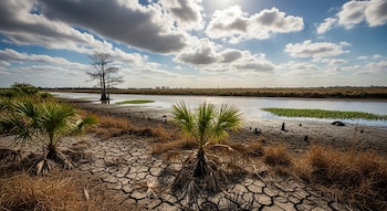 Suelo seco y agrietado con palmas pequeñas en primer plano. Un río con poca agua y un árbol desnudo en medio. Cielo parcialmente nublado con sol brillante.
