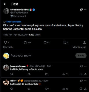 Captura de pantalla de un tuit con fuente legible sobre fondo oscuro. El texto elogia a Madonna, Taylor Swift y Sabrina Carpenter. Un medidor de vistas indica 3.493