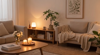 Sala con dos sillones beige, mesa de centro con velas, mueble bajo con libros y plantas en macetas frente a una pared blanca.