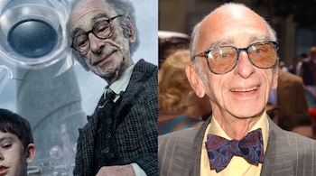 Díptico de un hombre mayor con gafas. Izquierda: con traje a cuadros, corbata, y un niño parcial. Derecha: con traje de rayas, pajarita y camisa amarilla.