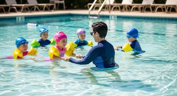 Instructor y cinco niños en una piscina. Los niños usan gorros, gafas de natación y flotadores amarillos. Hay camastros en el fondo.